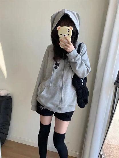 Zipper Hoodie Gothic Cartoon Kawaii Cat Ear Y2k Jacket Zip Up Thin Coat Spring Autumn Cute Core 2000s Clothes Fall Sweatshirts