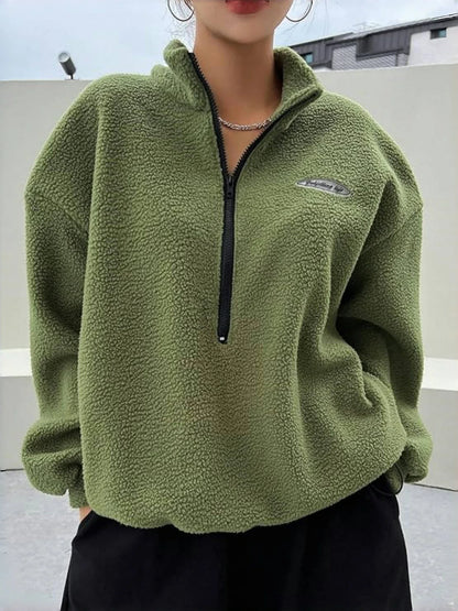 Autumn Winter Women Fleece Pullover High Neck 1/4 Zip Sweatshirts Retro Badge Green Loose Warm Teddy Outwear Harajuku Clothing