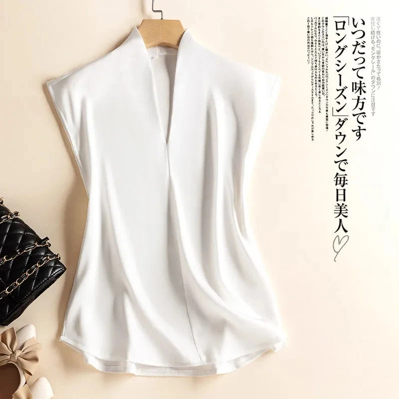 Coffee Silk Rayon V-Neck Pullover Sleeveless Casual Chic Women's Blouse Shirt Korean Fashion Female Clothing 2024 Summer