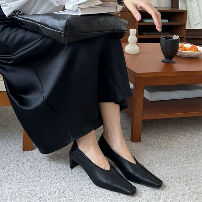 SUOJIALUN Autumn Women Pumps Shoes Fashion Shallow Slip On Ladies Eelgant Single Shoes Square High Heel Outdoor Dress Pumps