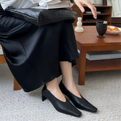 SUOJIALUN Autumn Women Pumps Shoes Fashion Shallow Slip On Ladies Eelgant Single Shoes Square High Heel Outdoor Dress Pumps