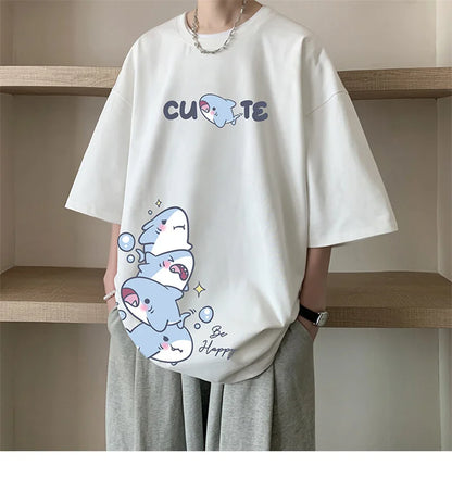Men's Cotton T-shirts White Men Oversized T Shirt Anime Shark Print Summer Casual Wear 5XL Tee Shirts Big Size Male Clothes