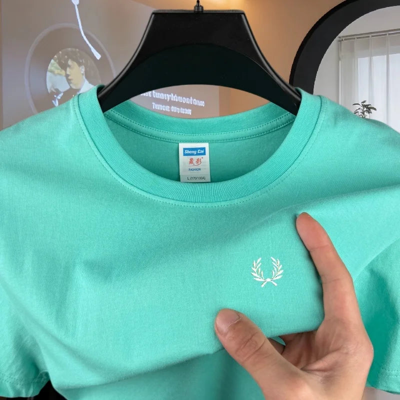 100% pure cotton high-end brand men's round neck short sleeved top summer fashion luxury wheat embroidery design casual T-shirt