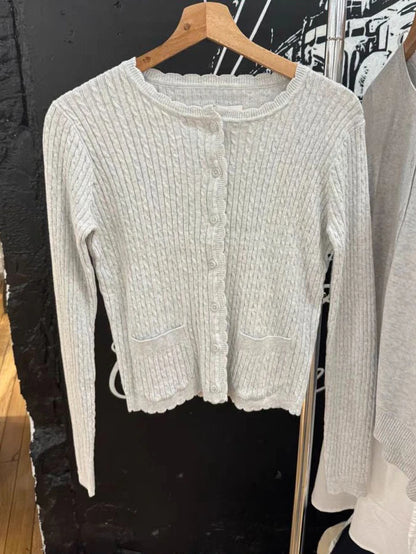 Pockets Twist Flower Knitted Sweater Cardigan O-Neck Single Breasted Long Sleeve Slim Sweaters Vintage Streetwear Gray Crop Tops