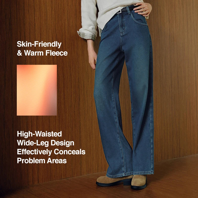 Semir Jeans Women Wide Leg Fleece Lined Comfortable High Waist Winter 2025 New Floor-Length Pants with Leg-Elongating Effect