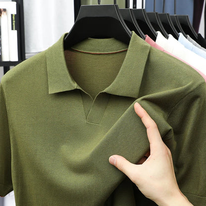 100%  Lyocell Knitwear 2025 Men Spring Summer Trendy Turn Down Collar Knit Tees Short Sleeve Breathable Knit Tops