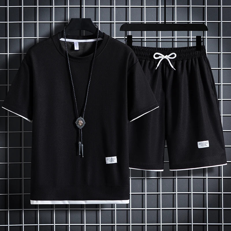 Summer Men's Waffle Sets Casual T-Shirt And Shorts Set Male Sports Suit Solid Color Tracksuit Loose Suits