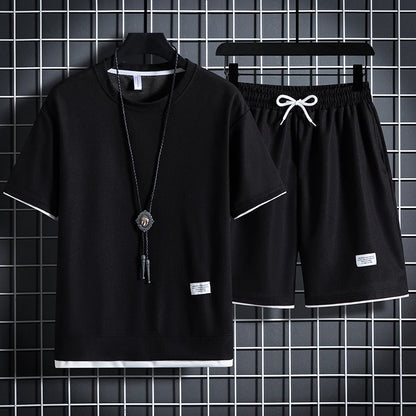 Summer Men's Waffle Sets Casual T-Shirt And Shorts Set Male Sports Suit Solid Color Tracksuit Loose Suits