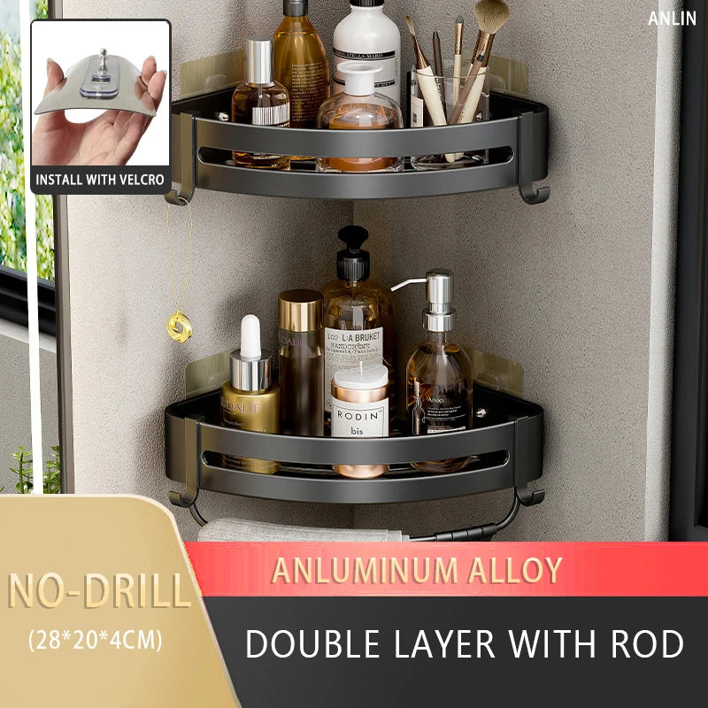 Aluminum Corner Shower Rack - Wall Mounted Bathroom Storage Organizer
