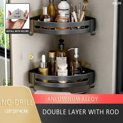 Aluminum Corner Shower Rack - Wall Mounted Bathroom Storage Organizer