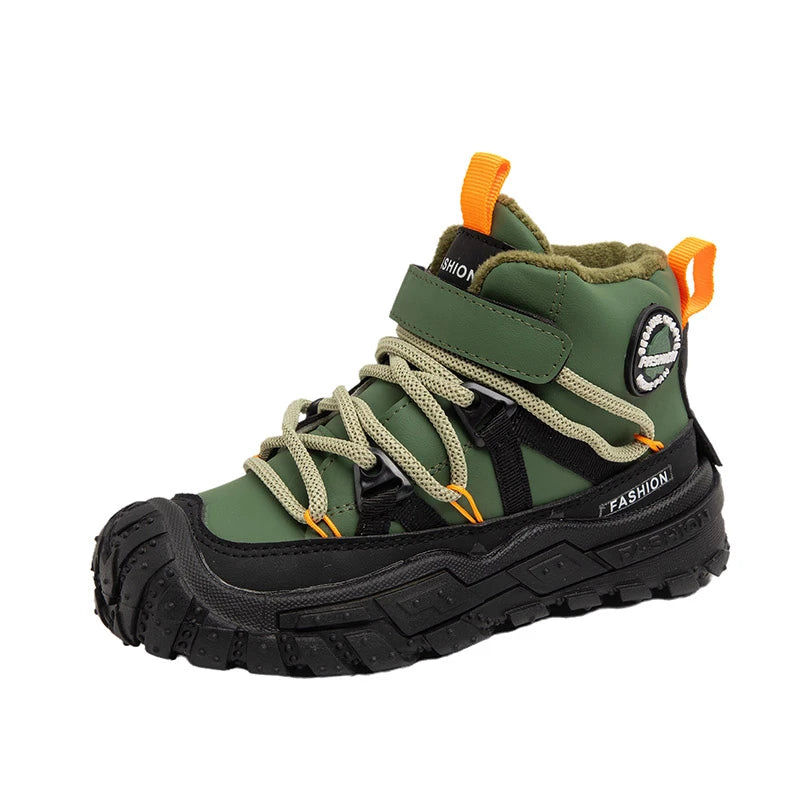 Kids Hiking Shoes Waterproof Leather Boots - Warm Cotton Rubber Sole Winter Footwear