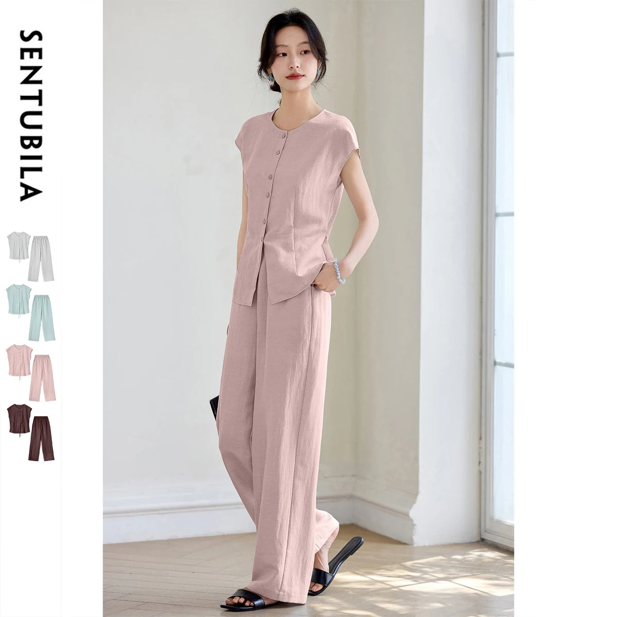 SENTUBILA Women's Linen Trouser Suit Summer Two Pieces Matching Set Women Button Shirt Straight Pant Sets 2026 Outfits 152ZA0094