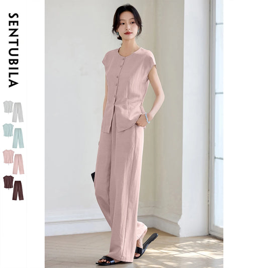 SENTUBILA Women's Linen Trouser Suit Summer Two Pieces Matching Set Women Button Shirt Straight Pant Sets 2026 Outfits 152ZA0094