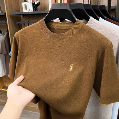 High-end Men's Crew Neck Knitted Sweater Casual Embroidered Trendy Base Shirt Short-sleeve T-shirt Solid Color Top for Summer