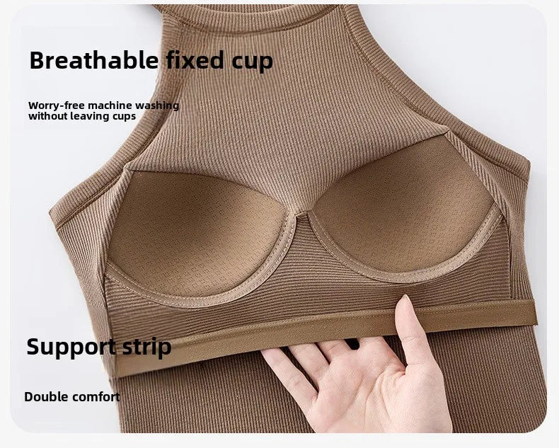 Threaded Halter Neck Camisole Top With Build-in Bra High Elastic Slim-fitting Sling Fixed Cup Breathable Women Underwear