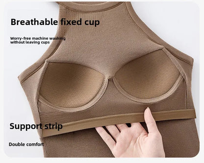 Threaded Halter Neck Camisole Top With Build-in Bra High Elastic Slim-fitting Sling Fixed Cup Breathable Women Underwear
