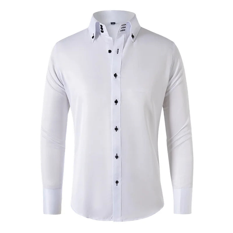 Solid color shirt men's crystal button long sleeved pointed collar light luxury men's business casual men's wear
