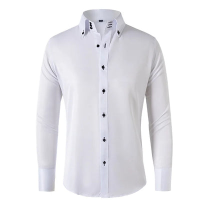 Solid color shirt men's crystal button long sleeved pointed collar light luxury men's business casual men's wear