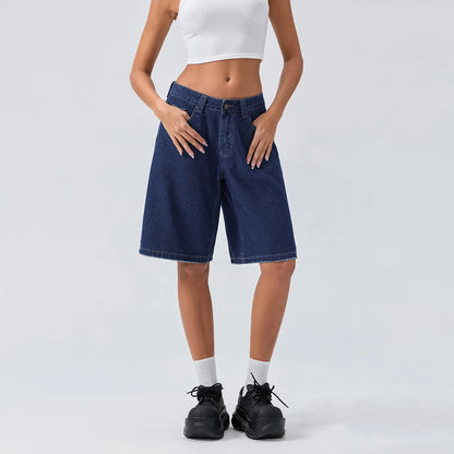 New Fashion Womens Knee Length Denim Shorts Loose Solid Color Low Rise Wide Leg Long Shorts With Pockets For Summer S-2XL