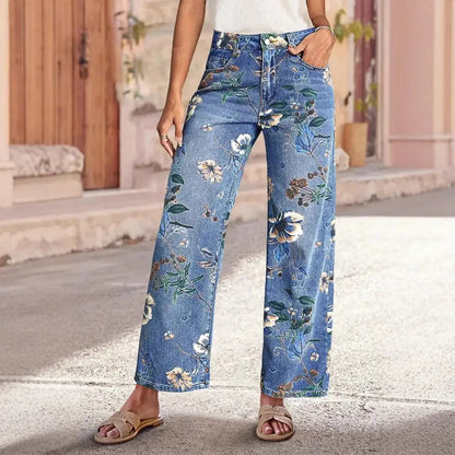 New for 2026: Women's Blue High-waisted Stretch Jeans, Vintage-style Loose-fit Wide-leg Denim Pants with A Floral Print.