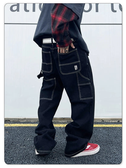 Liys Retro Black Fashion Work Jeans Men Casual Straight-Leg Classic Work Denim Trousers Korean Brand Pant Men's Summer Pants