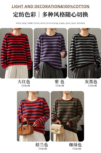 Fashion 100% pure cotton women's sweater autumn and winter casual striped knitted top loose Korean round neck women's pullover