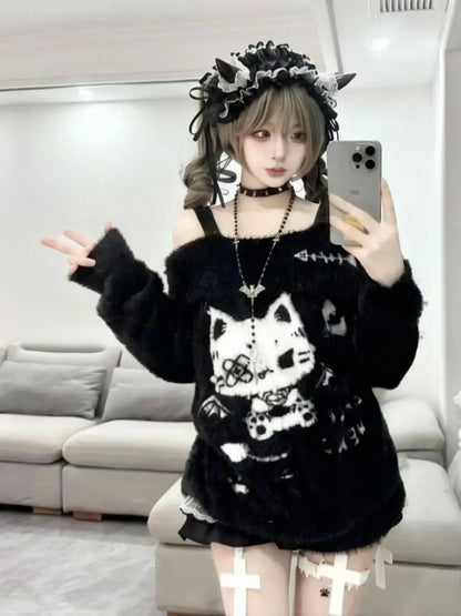 Kawaii Cat One Shoulder Black Sweater Women Off Shoulder Long Graphic Knitted Top Autumn Pollovers Turn Collar Knitwear