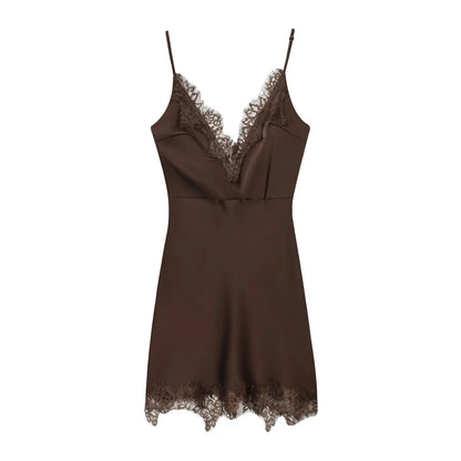 Women Lace Cami Dress - Sleeveless V Neck Mini Summer Dress | Slim Fit Polyester