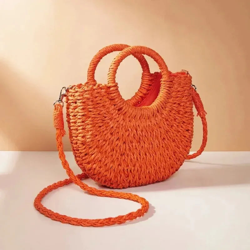 Straw Rattan Handbag – Large Capacity Half Moon Purse | Hollow Out Shoulder Bag
