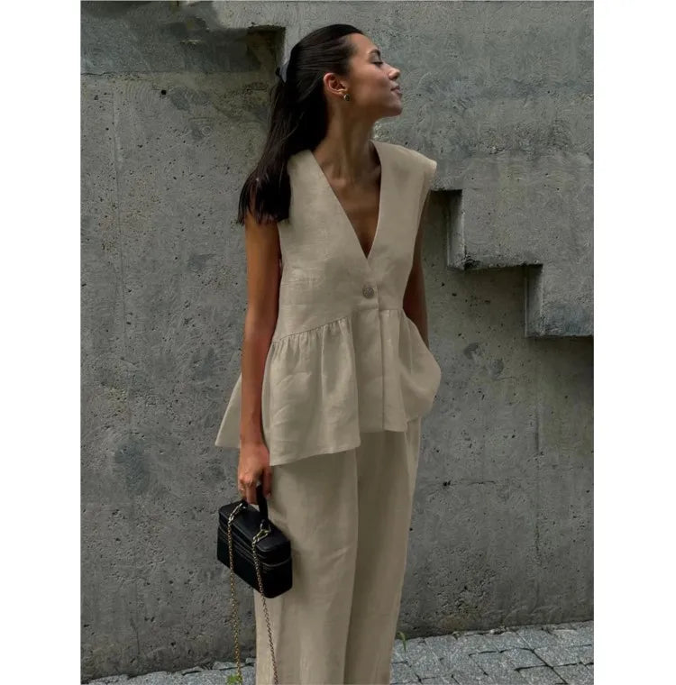 Fashion Women's Trouser Suits Sleeveless V-Neck Top Women Casual Straight Pants Sets Summer Women's Suit Commuter 2 Piece Set