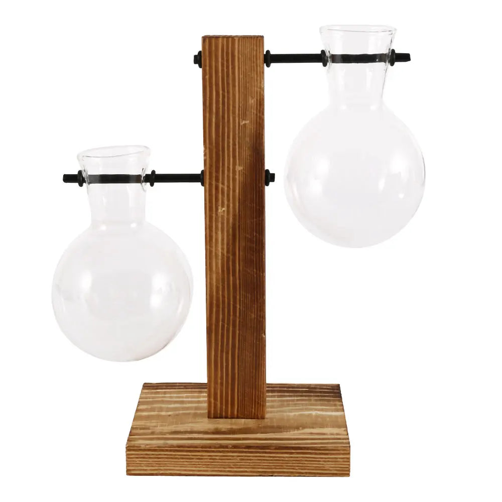 Glass Desktop Planter with Wooden Stand - Hydroponic Bulb Vase for Home Decor