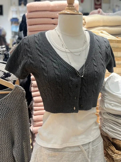 Solid Twist Flower Knitted Cropped Cardigan Woman V-neck Single Breasted Short Sleeve Crop Tops Autumn Sweet Cotton Knitwear New