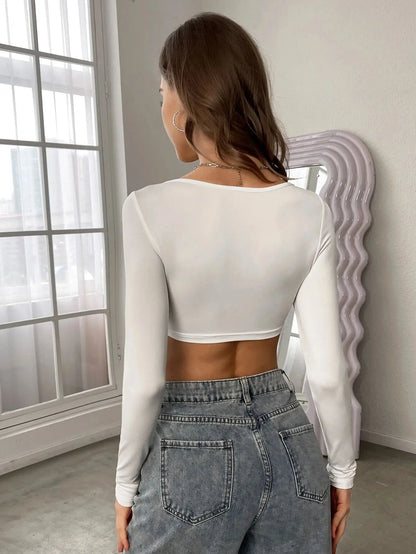 Spring Autumn Women Long Sleeve T Shirt Quared Neck Cropped T-shirt Pullovers Basic Tee Y2k Streetwear Women's Clothing Tops