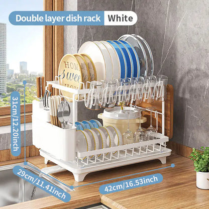 2-Tier Dish Rack – Durable Metal Dish Drainer with Utensil Holder & Drainage Tray