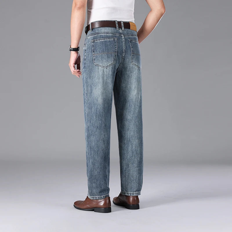 2026 Summer High Quality Brand Cloth Business Casual Men's Lightweight Straight Loose Jeans Classic Retro thin cotton trousers