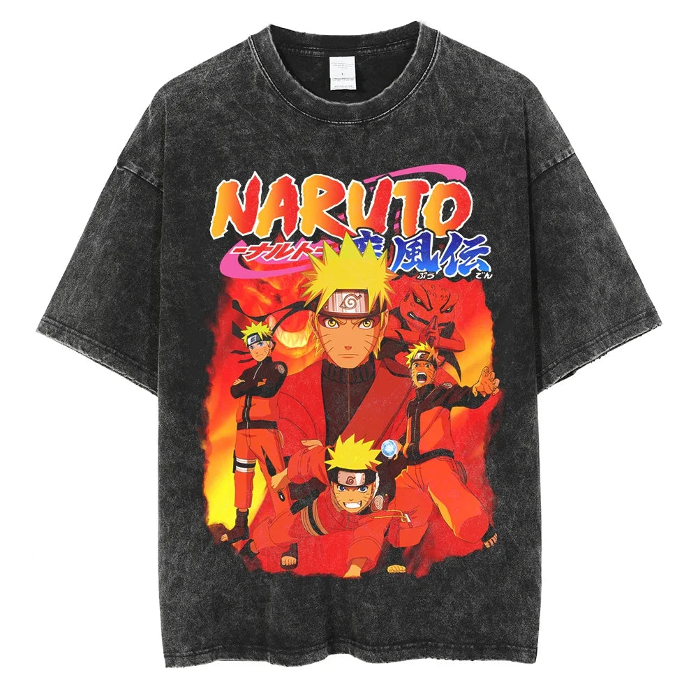 Men Harajuku Streetwear Vintage Black Tshirt Anime Naruto Print T-Shirt Summer Fashion Cotton Tops Tees Loose Washed Clothing