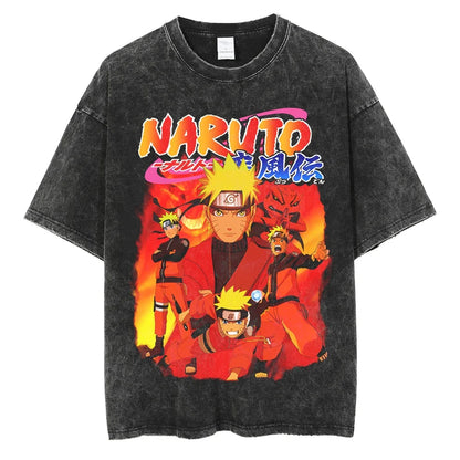 Men Harajuku Streetwear Vintage Black Tshirt Anime Naruto Print T-Shirt Summer Fashion Cotton Tops Tees Loose Washed Clothing