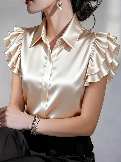 Elegant Satin Button Down Shirt for Women Ruffle Sleeve Collared Office Work Blouse