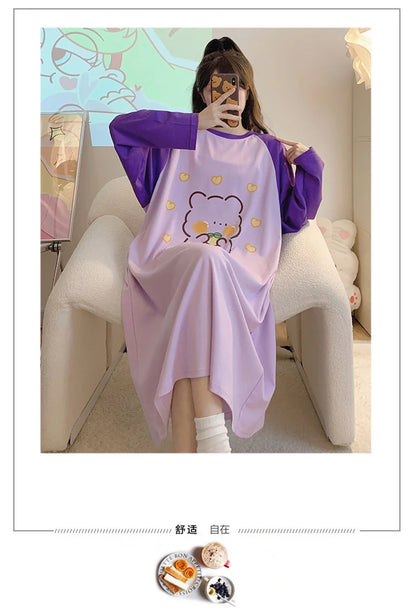 New Spring Summer Cotton Women's Pajamas Cute Long-sleeved Nightdress Cartoon Print Dress Home Service