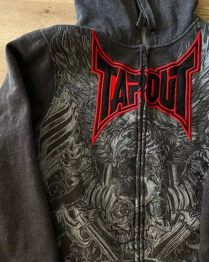 Y2K New American Tapout Zipper Hoodie Sweatshirt Men Hip Hop Letter Retro Graphic Embroidery Hoodie Jacket Clothes Streetwear