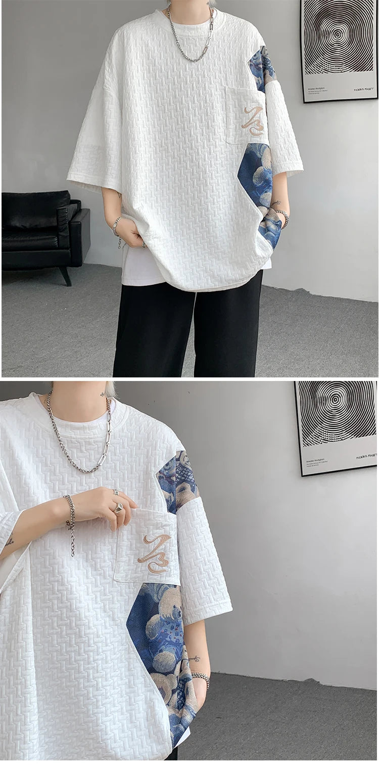 Patchwork Contrast Color T Shirt Men Summer Fashion Top Tees Unisex Harajuku T-shirt Male Half Sleeve TShirts Blue White Black