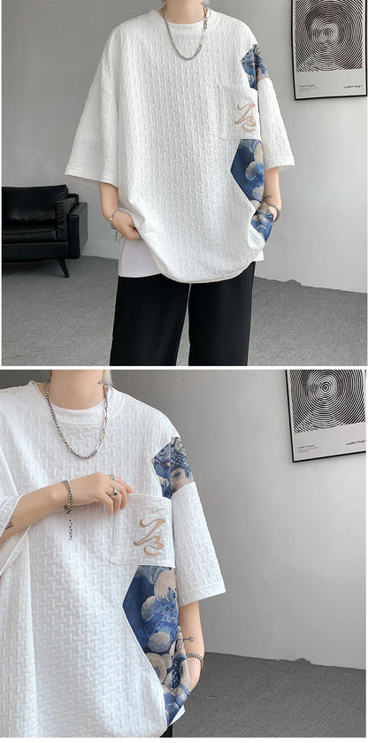 Patchwork Contrast Color T Shirt Men Summer Fashion Top Tees Unisex Harajuku T-shirt Male Half Sleeve TShirts Blue White Black