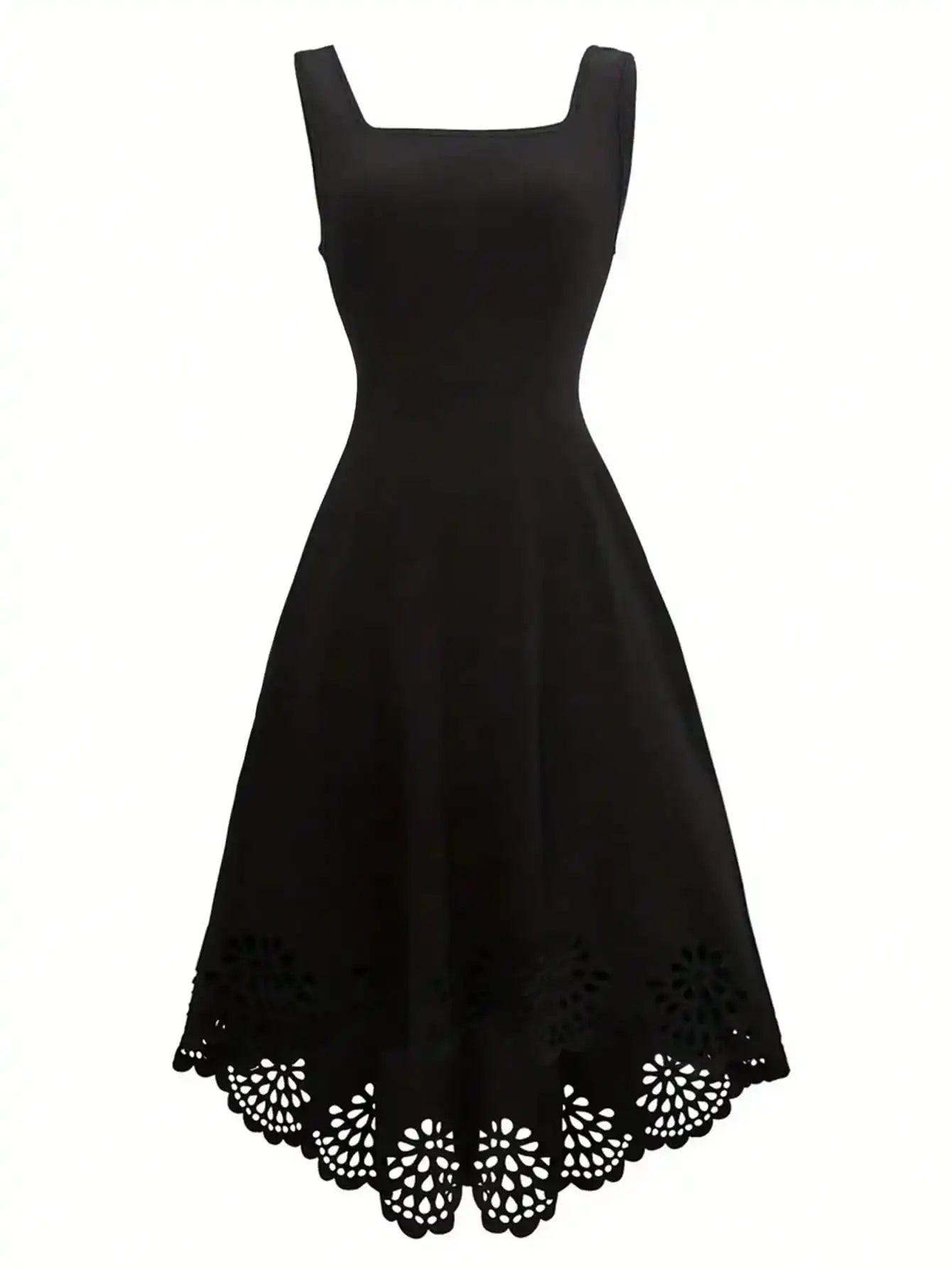 Minimalist Black Fit-and-Flare Dress Square Neck Sleeveless Laser Cut Lace Hem Casual Wedding Guest Dress