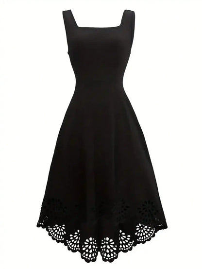 Minimalist Black Fit-and-Flare Dress Square Neck Sleeveless Laser Cut Lace Hem Casual Wedding Guest Dress