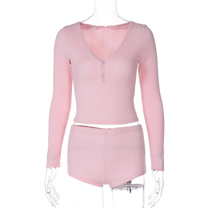 Dulzura 2024 Autumn Women Ribbed 2 Piece Set Long Sleeve T Shirt Micro Shorts Outfits Bodycon Sexy Streetwear Club Matching Suit