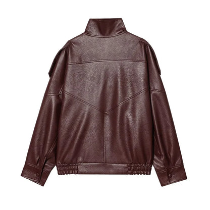 Faux Leather Jacket – Women's Bomber Jacket With Snap Button | Office Outerwear Coat