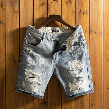 Denim Shorts Men - Casual Knee Length Cowboy Shorts With Button Fly & Slight Stretch