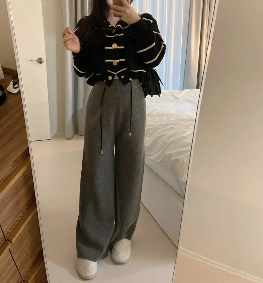 Loose Women's Knitted Cardigan Coat with Big Pockets Striped Splicing Drawstring Hem Single Buttoned Open Front Sweater