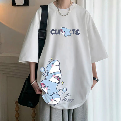 Men's Cotton T-shirts White Men Oversized T Shirt Anime Shark Print Summer Casual Wear 5XL Tee Shirts Big Size Male Clothes
