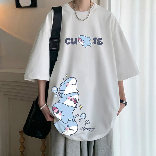 Men's Cotton T-shirts White Men Oversized T Shirt Anime Shark Print Summer Casual Wear 5XL Tee Shirts Big Size Male Clothes